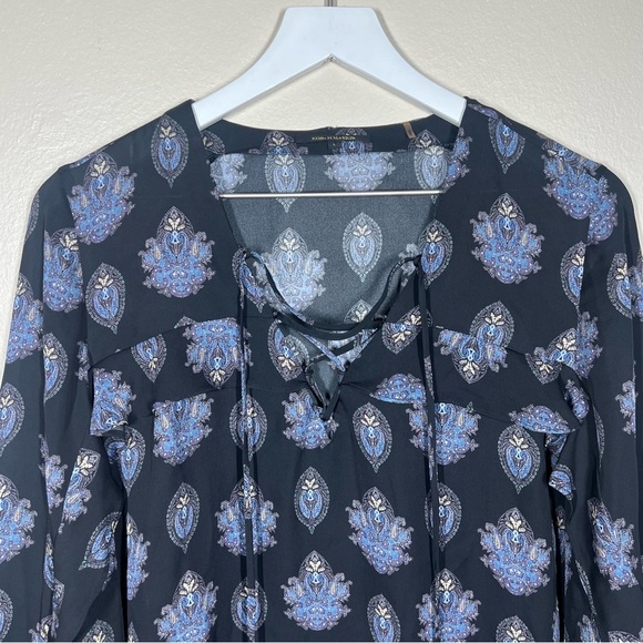 Kobi Halperin Womens Black Blue Paisley Ruffle Lace Up Sill Blouse Size Large - Picture 2 of 10